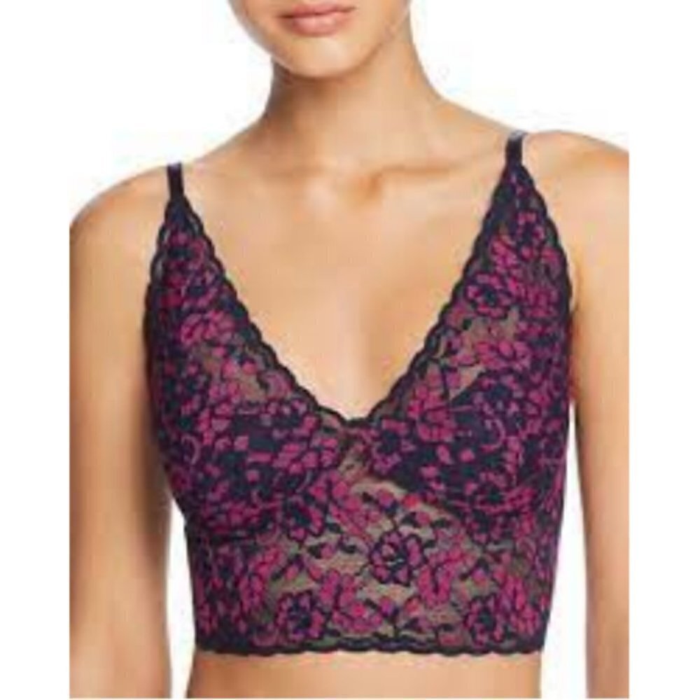 💕HANKY PANKY💕 Cross-Dye Retro Longline Wireless Lace Bralette Navy Purple NWT